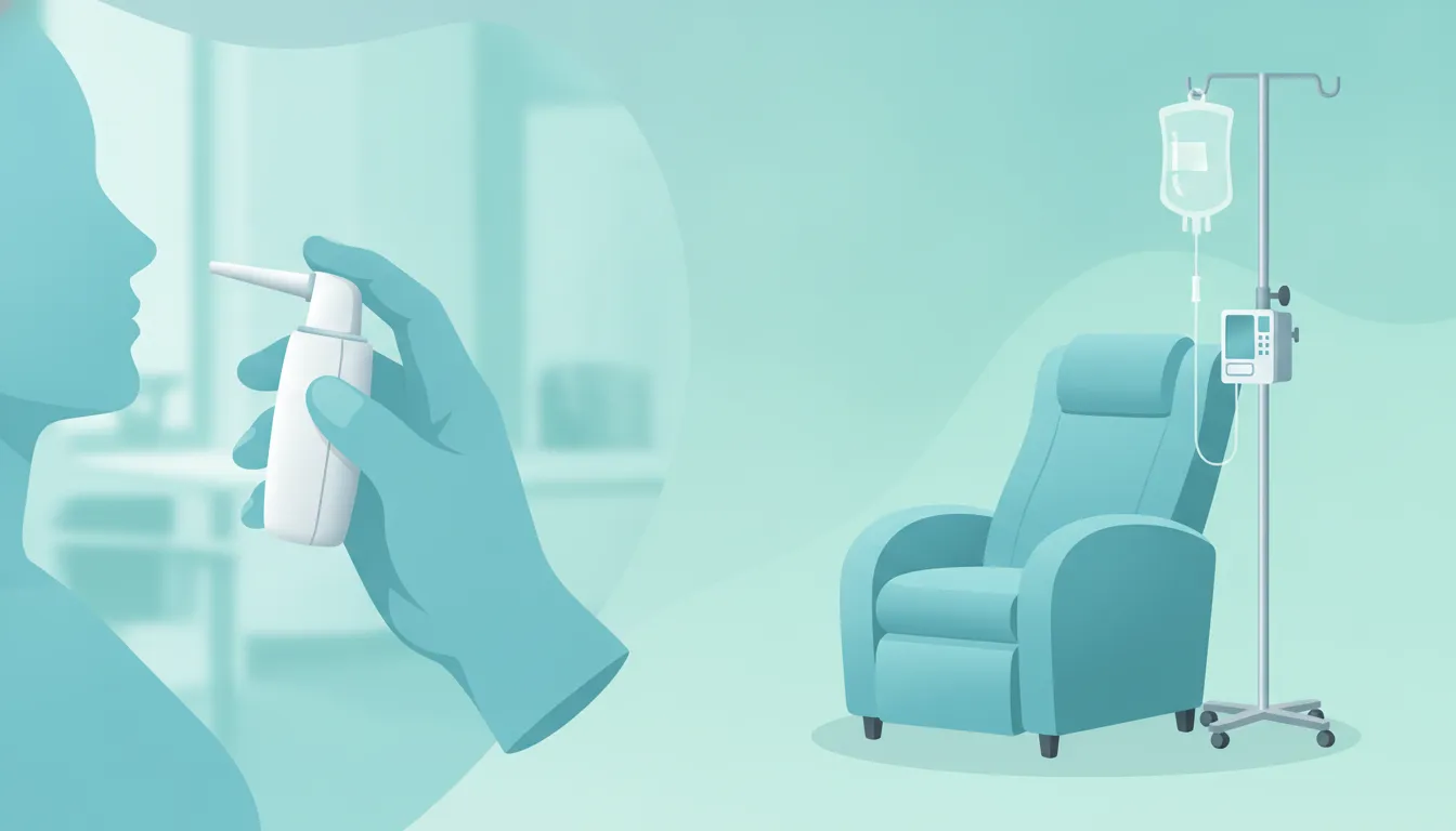 Illustration comparing supervised Spravato nasal spray and IV ketamine infusion treatment methods