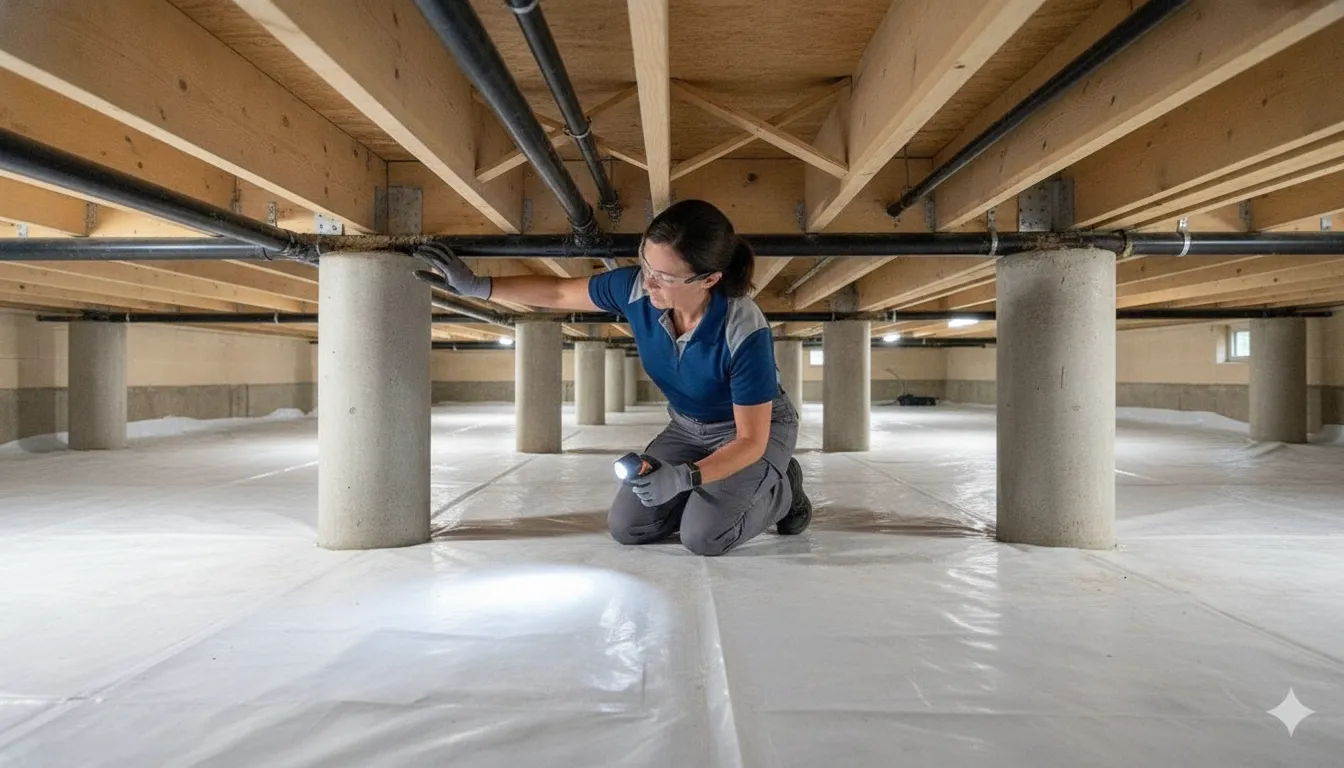 Foundation specialist inspecting a pier and beam crawl space in Dallas