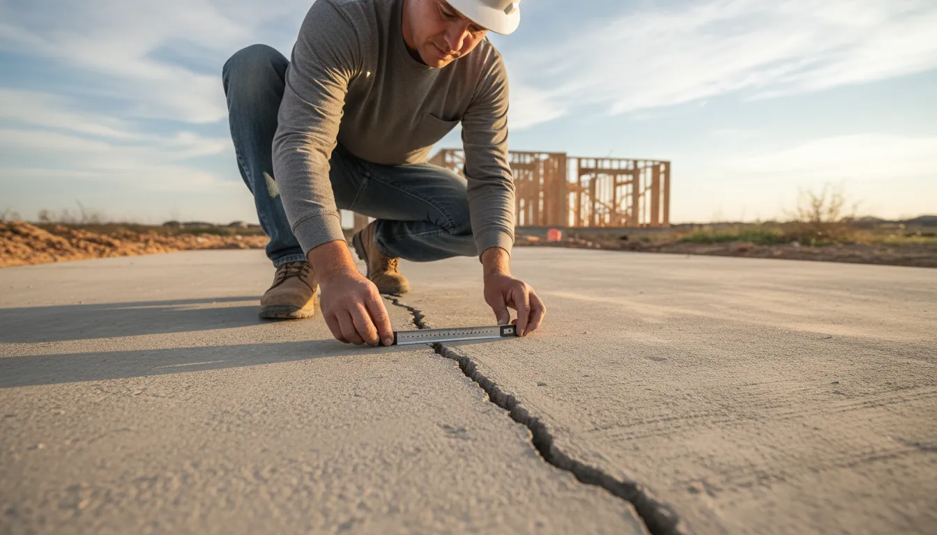 Technician inspecting a North Texas slab crack for foundation crack repair cost