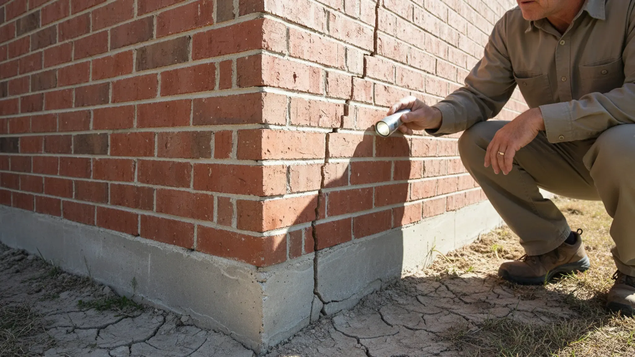 Dallas homeowner inspecting several foundation cracks near a brick home slab edge