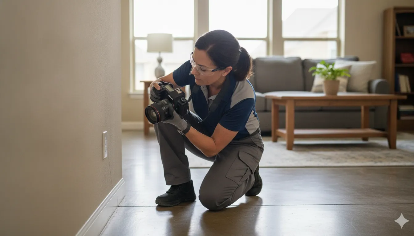 Homeowner documenting a foundation crack for an insurance claim