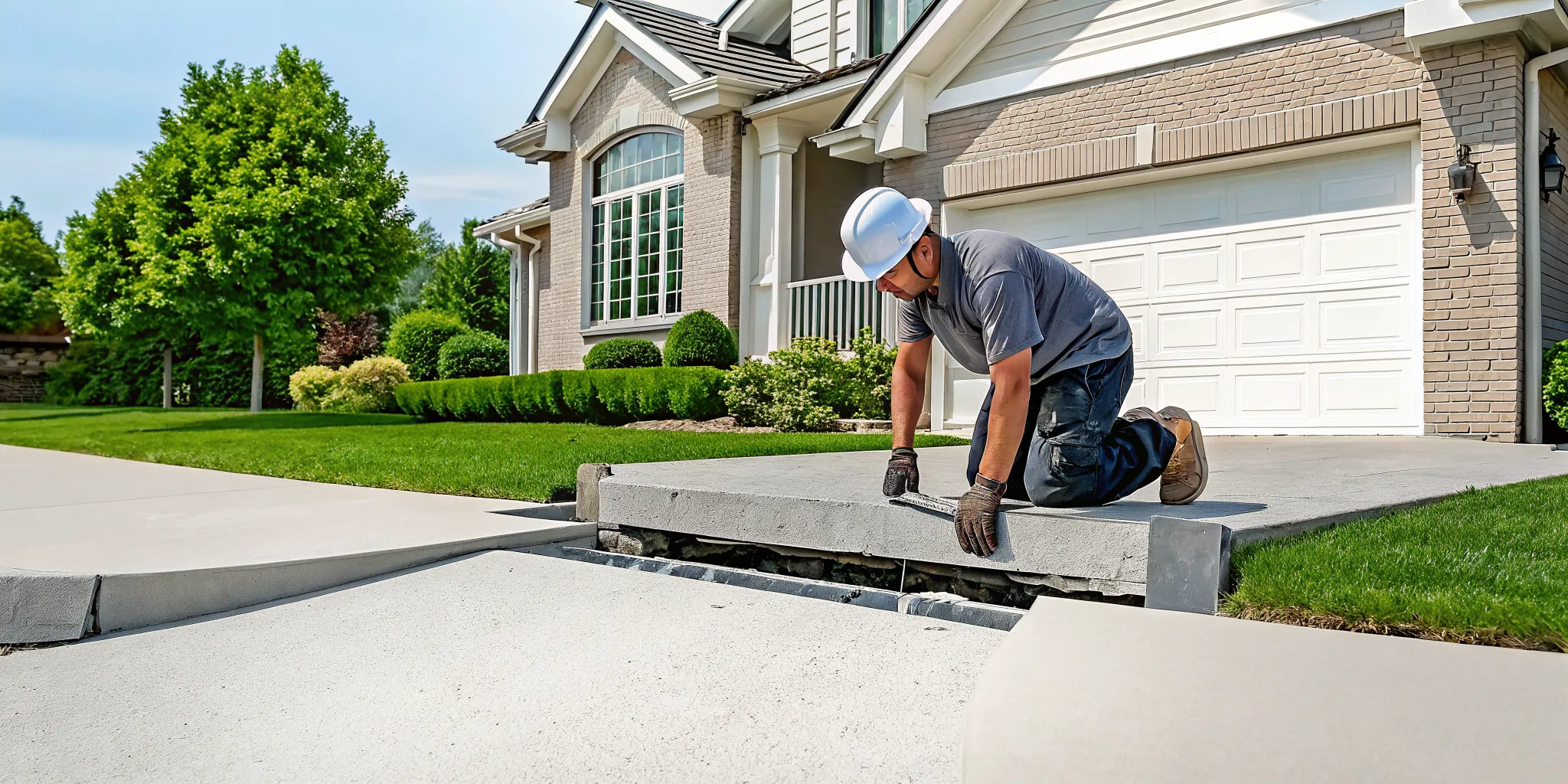 Technician assessing concrete repair vs replacement for a sunken Dallas driveway