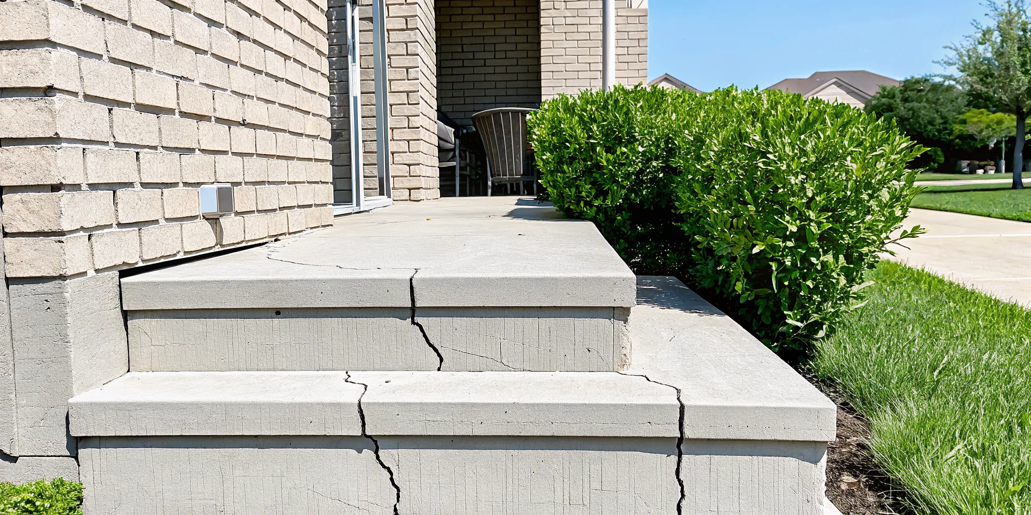 Stair-step cracks in a brick home exterior indicating active clay soil movement and foundation settling.