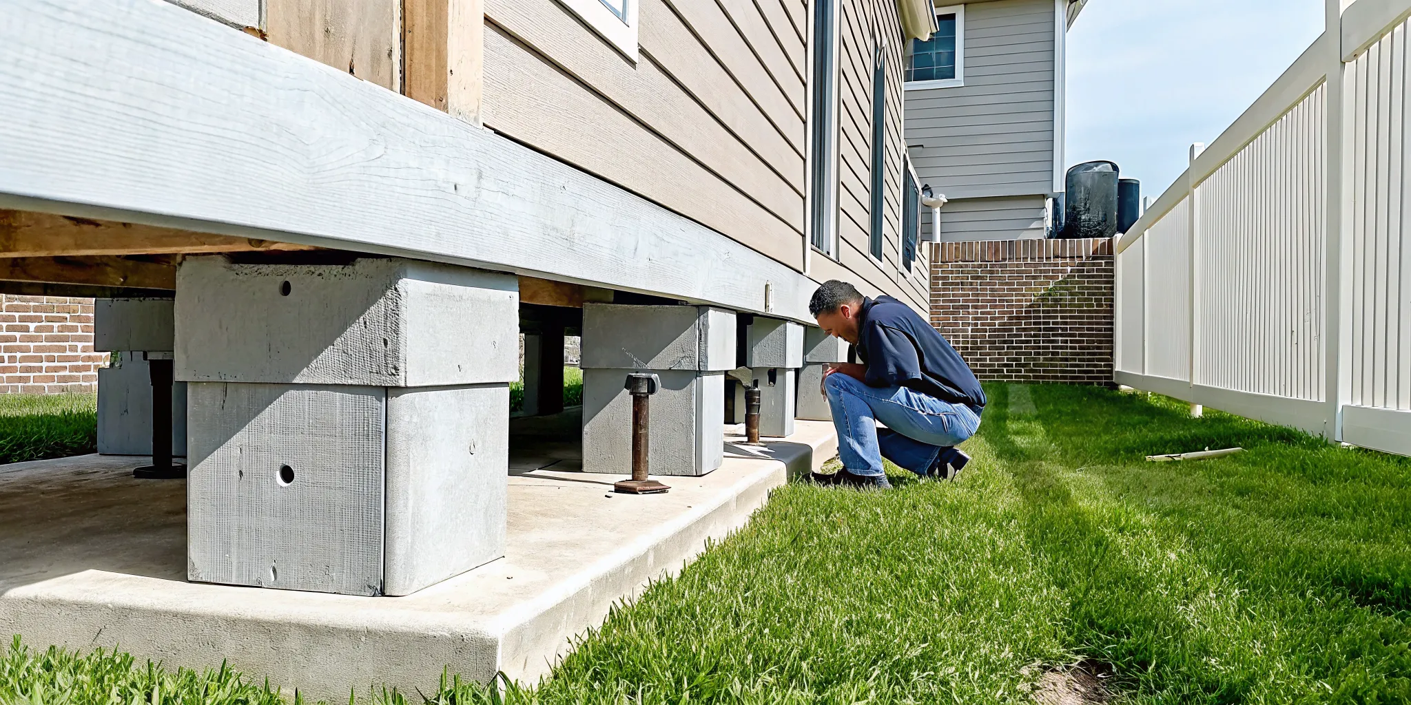 Professional inspecting crawl space under a pier and beam foundation with concrete piers and wooden support beams
