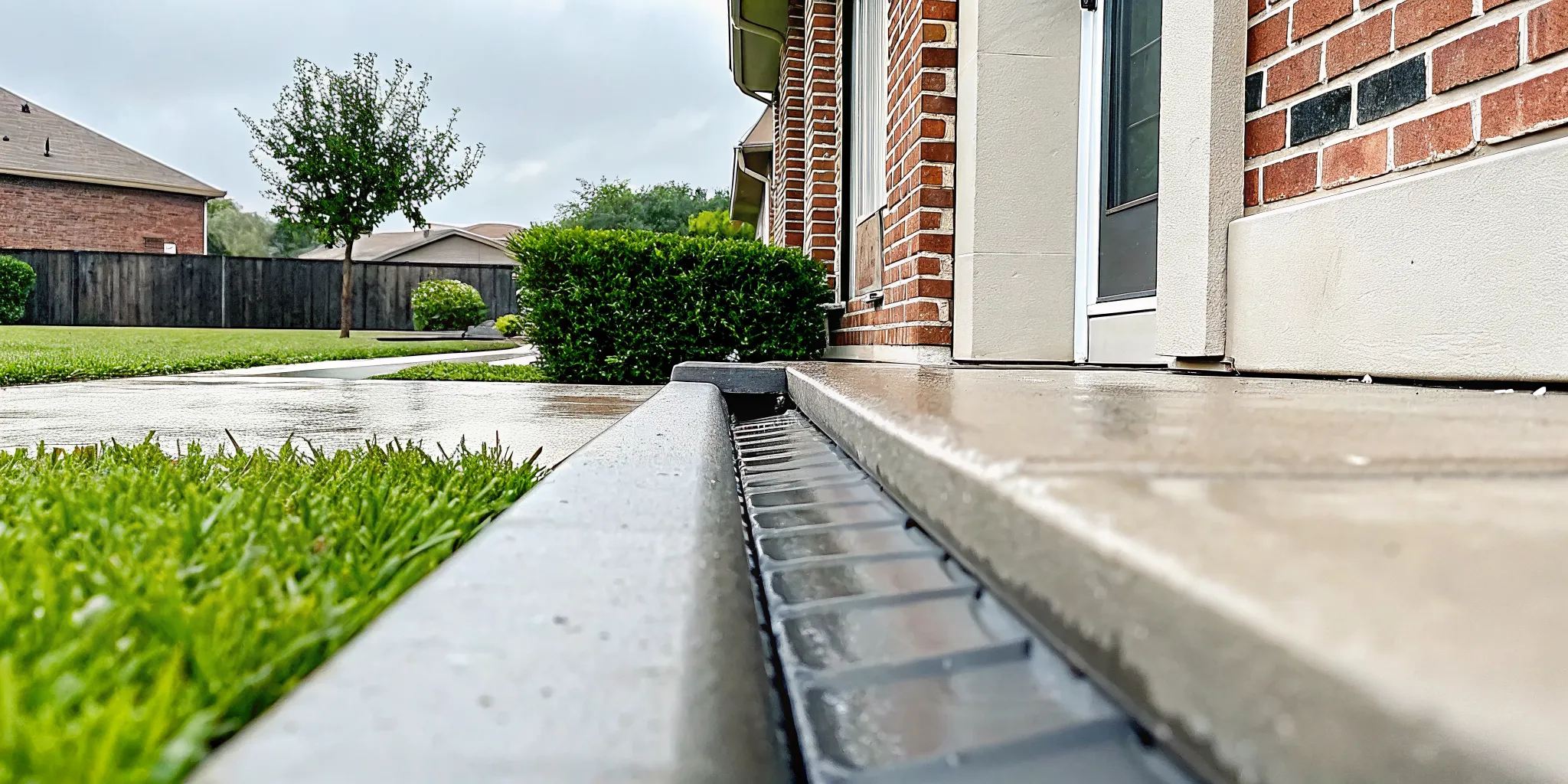 Downspout extension directing roof runoff away from a North Texas slab foundation