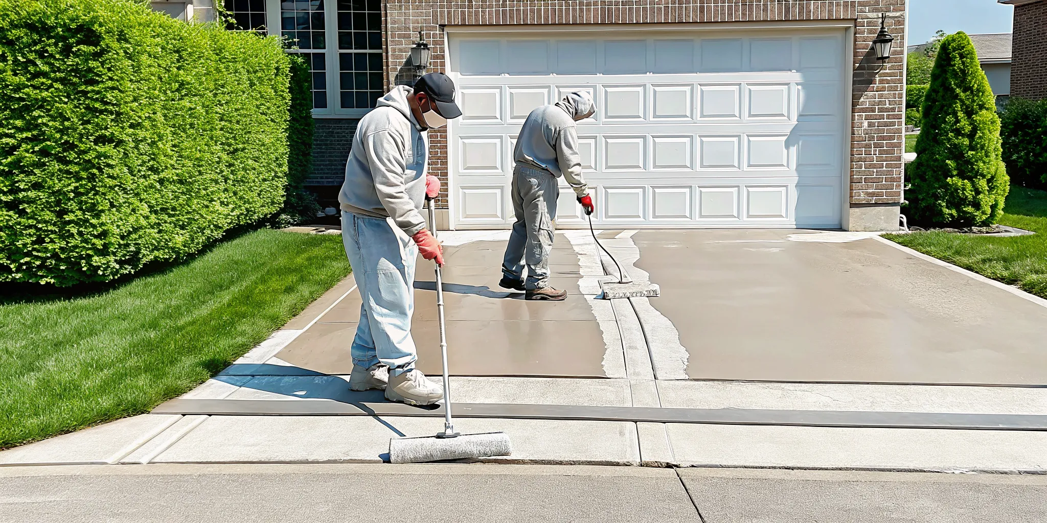 Concrete repair crew injecting polyurethane foam beneath a driveway
