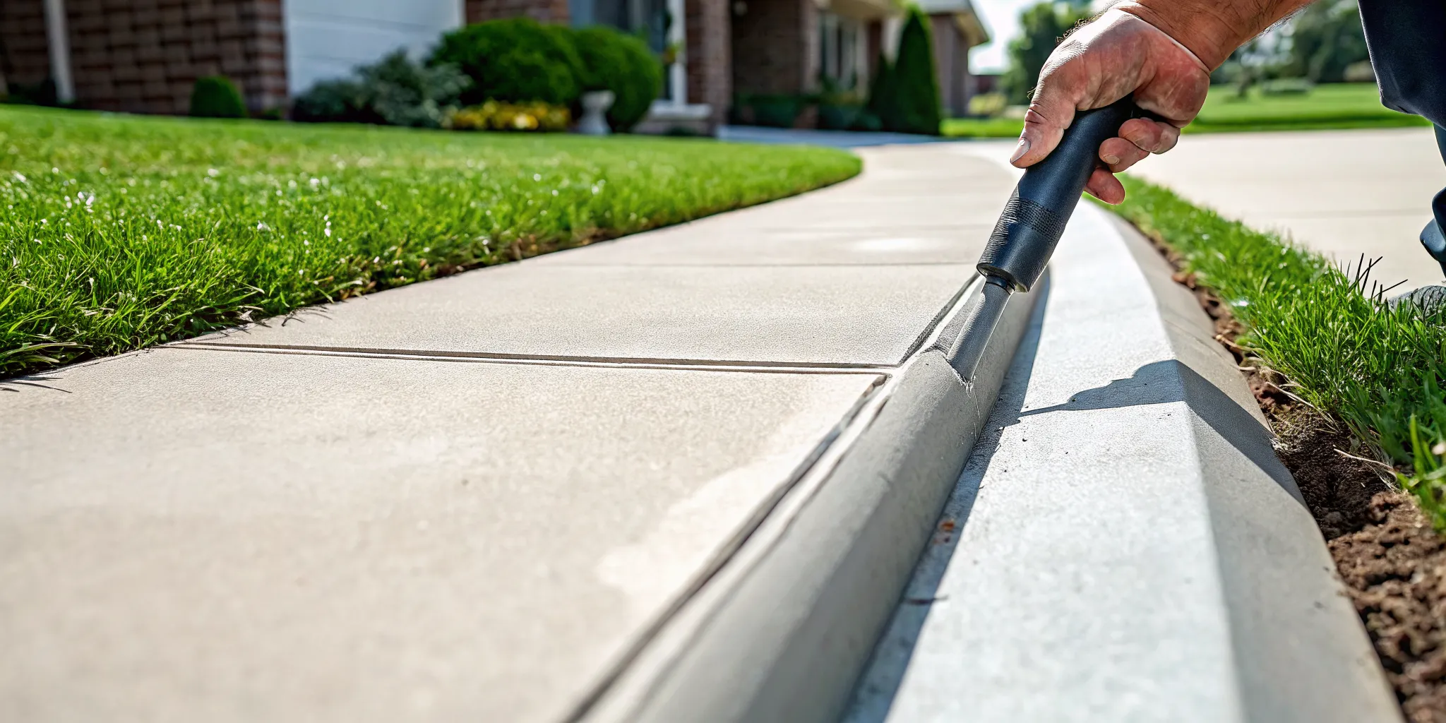Professional applying concrete joint sealant to a North Texas driveway