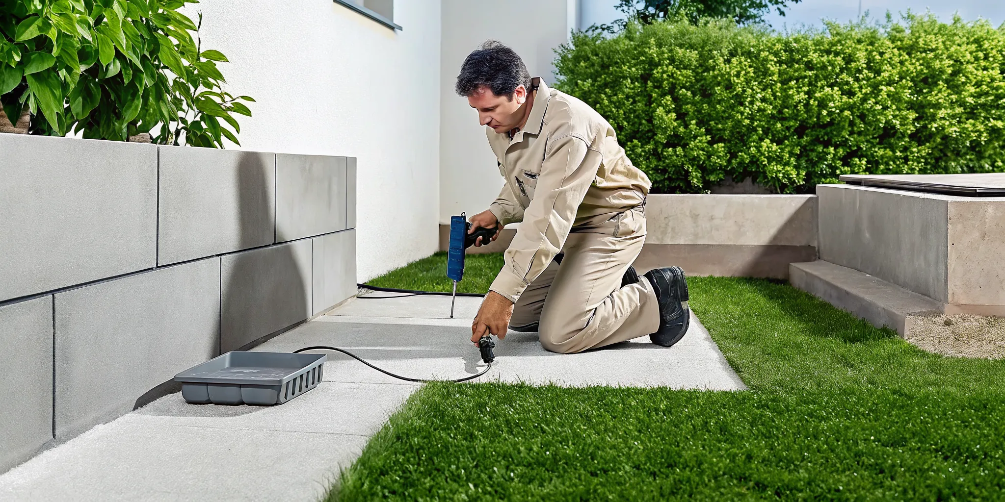 Technician using thermal detection equipment to locate a concealed slab leak near a foundation floor
