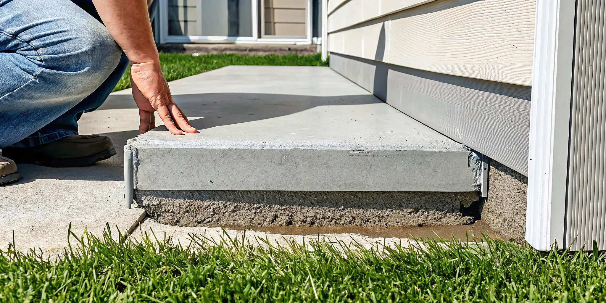 Homeowner inspecting a damp patch on concrete flooring near a baseboard for a possible slab leak