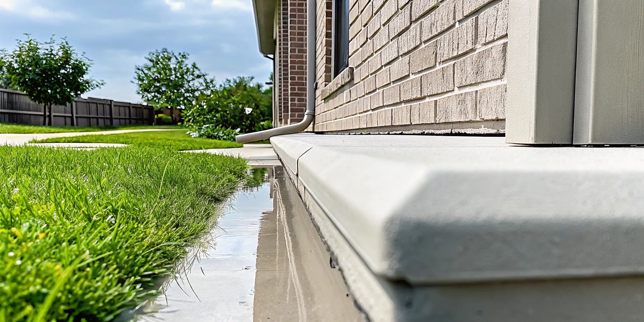 Rainwater pooling beside a North Texas home foundation near a downspout