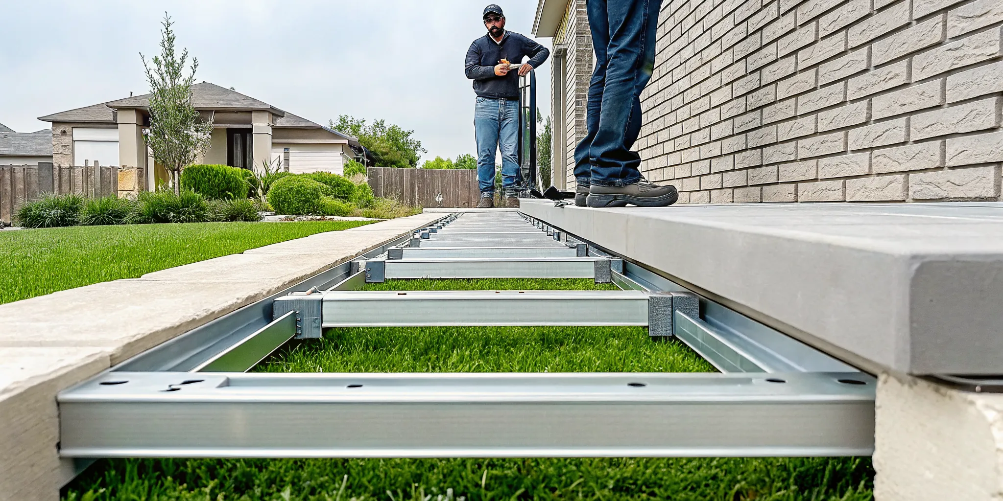 Certified technicians installing a heavy-duty steel push pier next to a concrete slab footing.