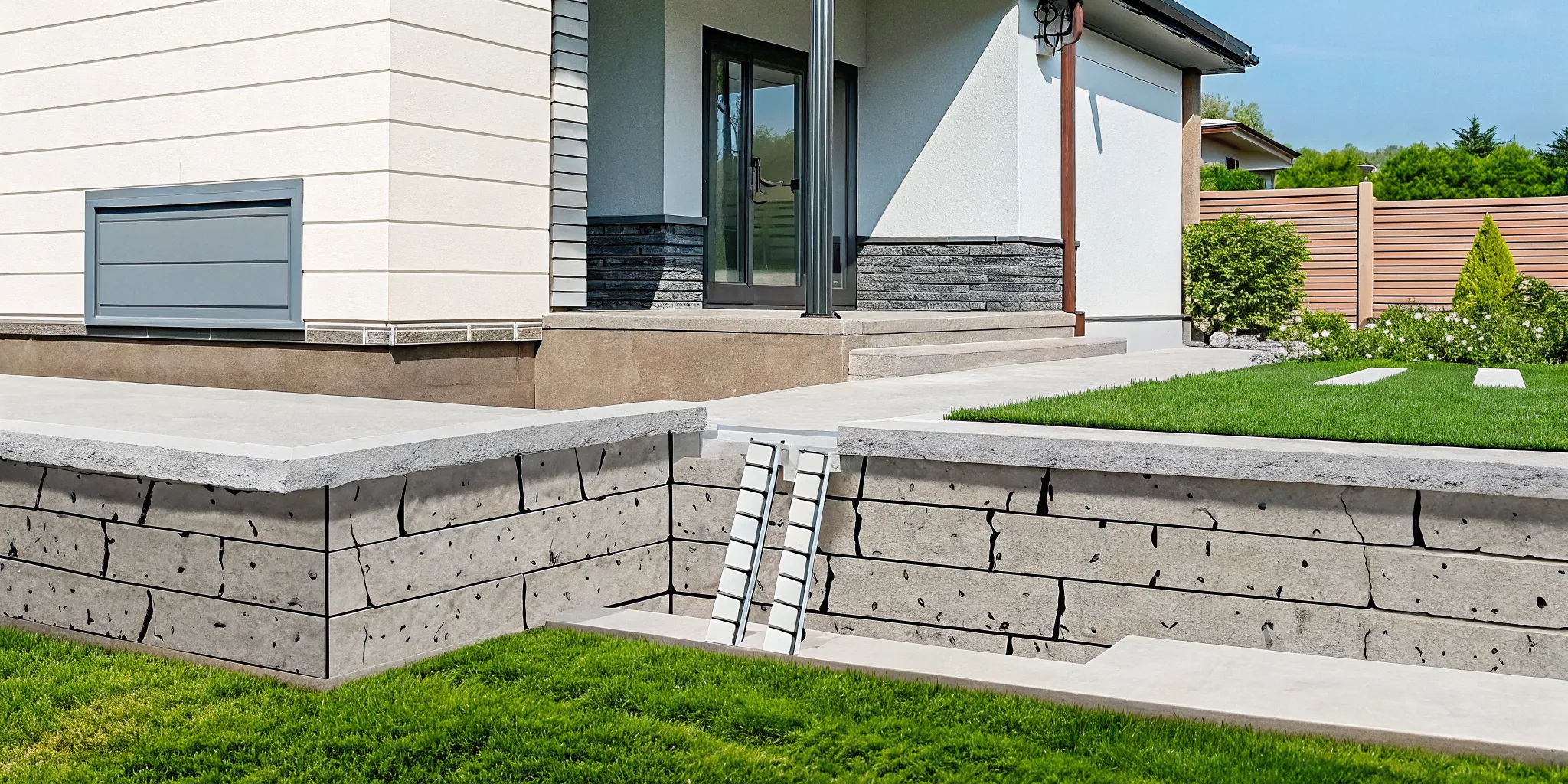 Cross-section illustration showing progressive foundation settlement stages in expansive clay soil from minor cracks to structural damage