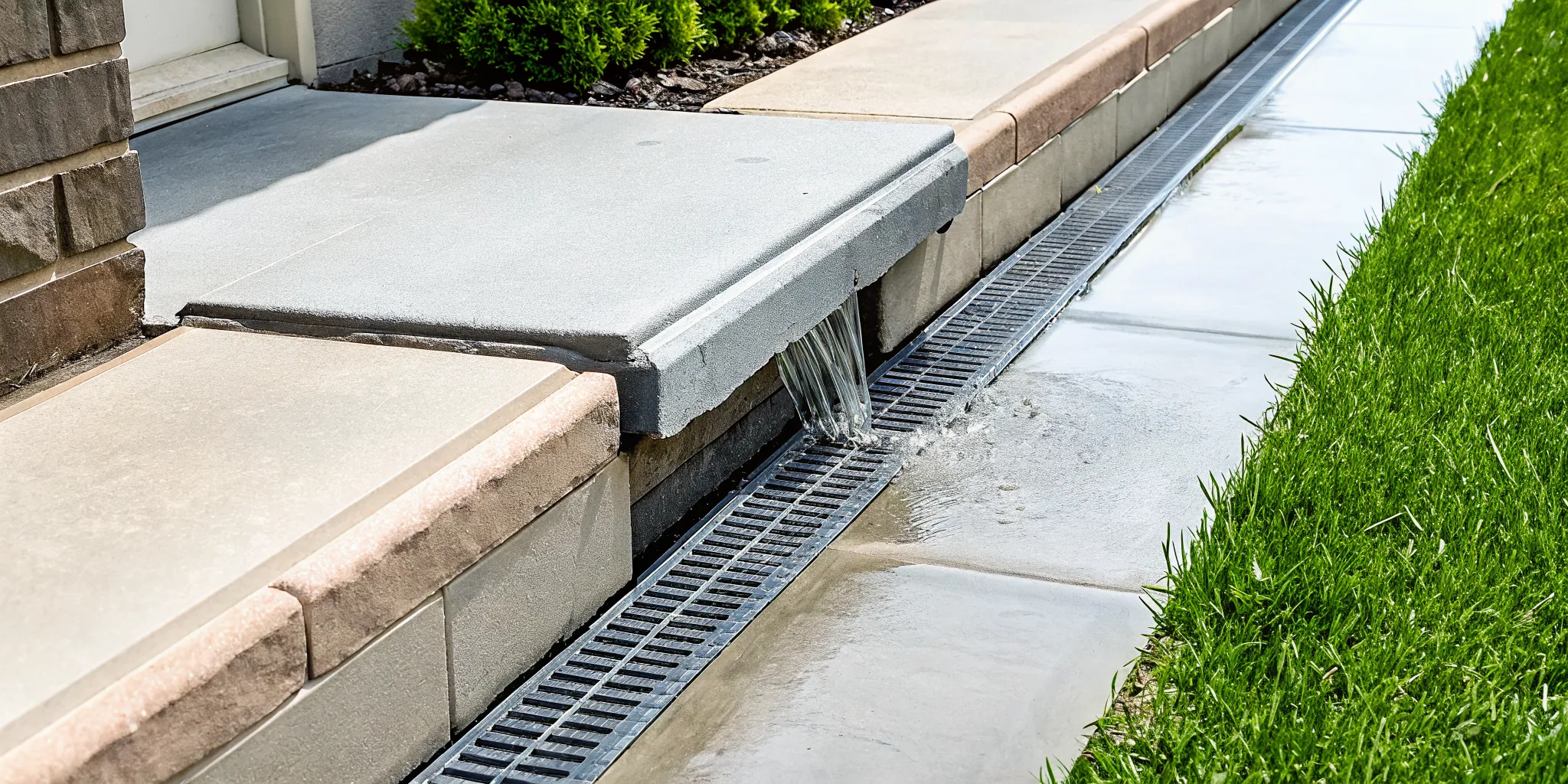 Trench drain routing water away from concrete driveway