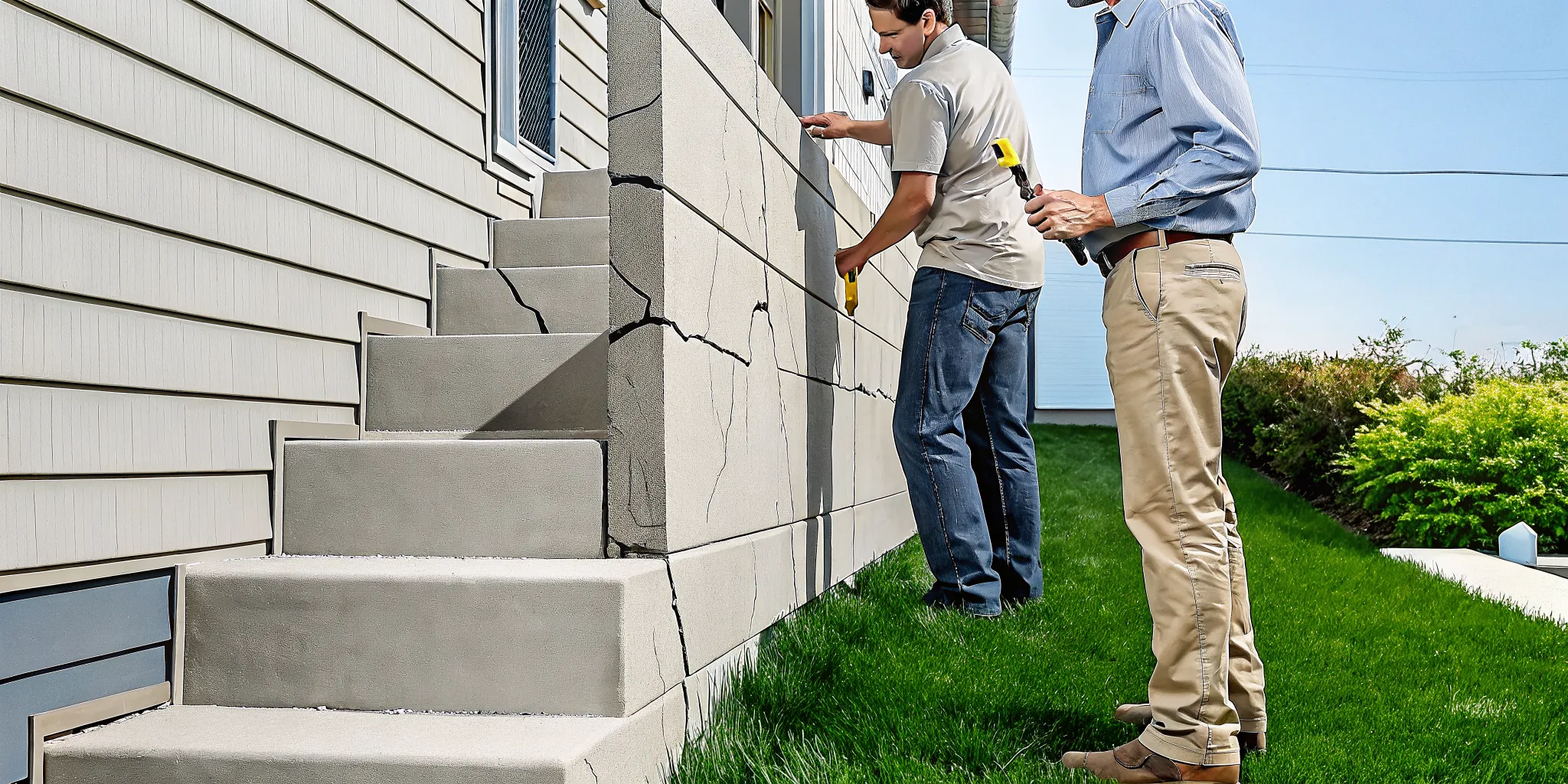 Inspector checking stair-step cracks along a shared wall in a townhome foundation