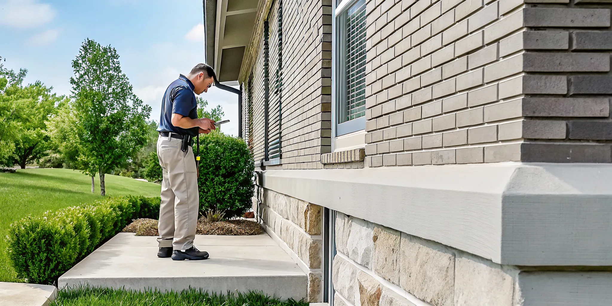 Foundation specialist inspecting the exterior of a Dallas brick home