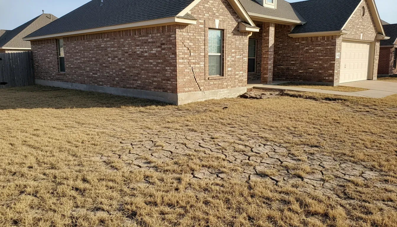 Slab foundation repair inspection for a North Texas home with visible concrete and soil movement