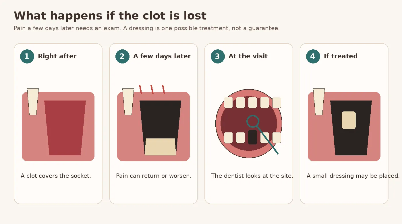 Four-step diagram from a fresh clot, to pain a few days later, to a dental exam, to a small dressing that may be placed in the socket