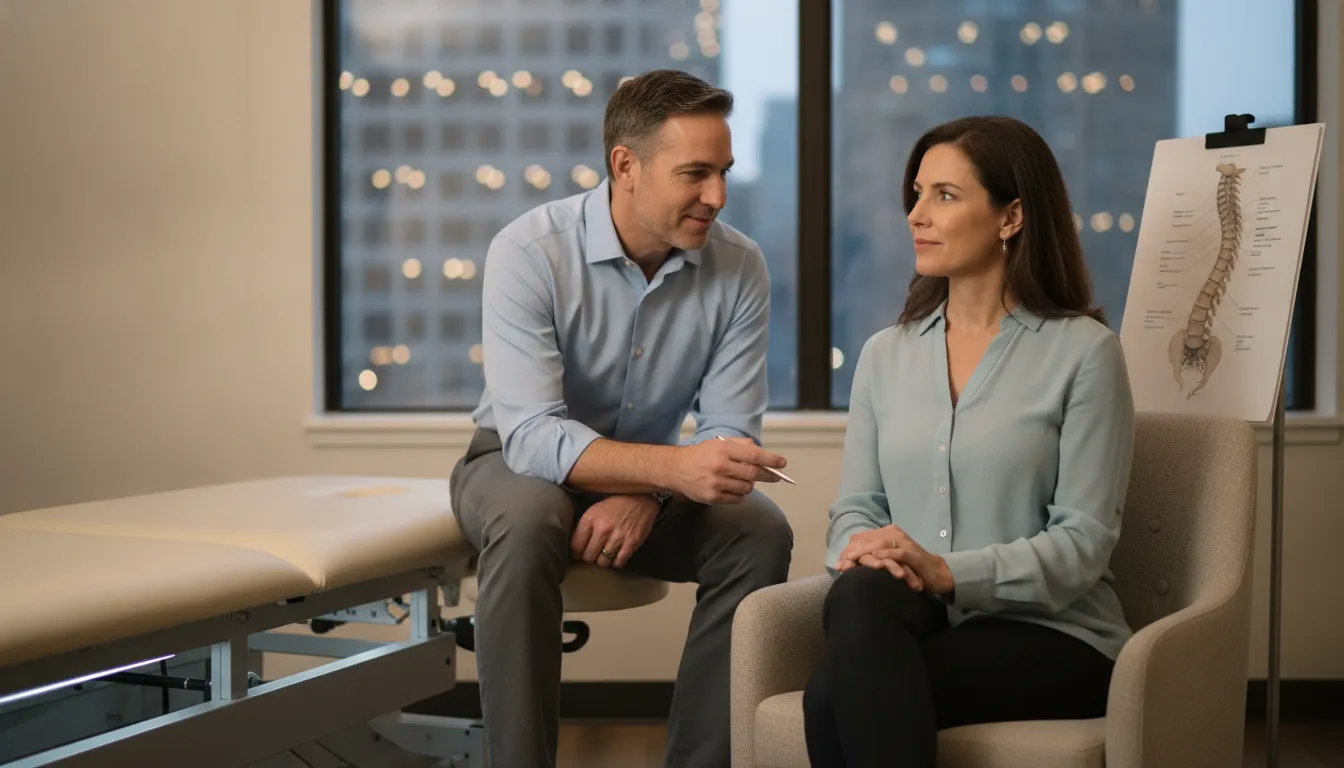 Patient discussing a personalized DRX9000 treatment plan with a chiropractor in a Chicago clinic