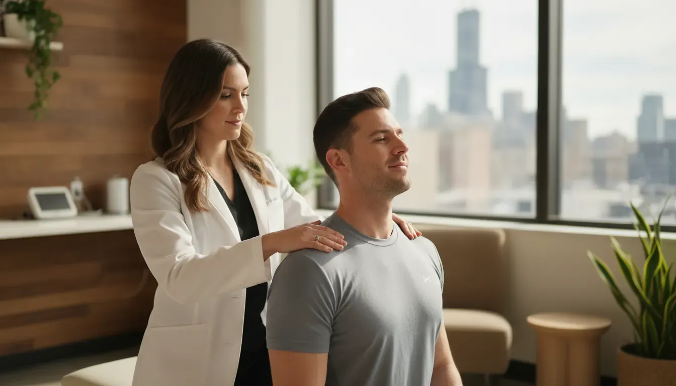 Chiropractor performing a gentle neck mobility assessment after whiplash