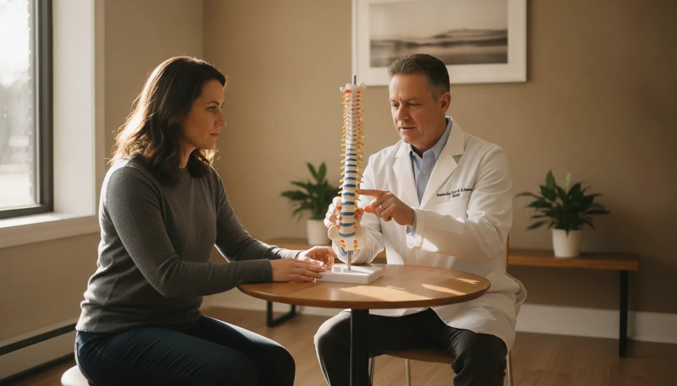 Clinician and patient reviewing a spine model during a sciatica consultation