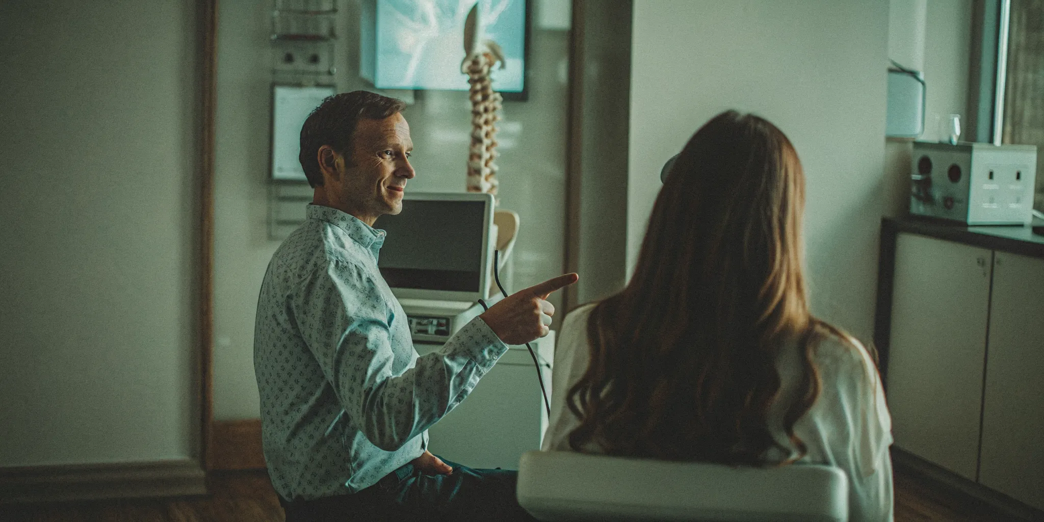 Chiropractor in a modern Chicago clinic reviewing a decompression care plan with a comfortable seated patient