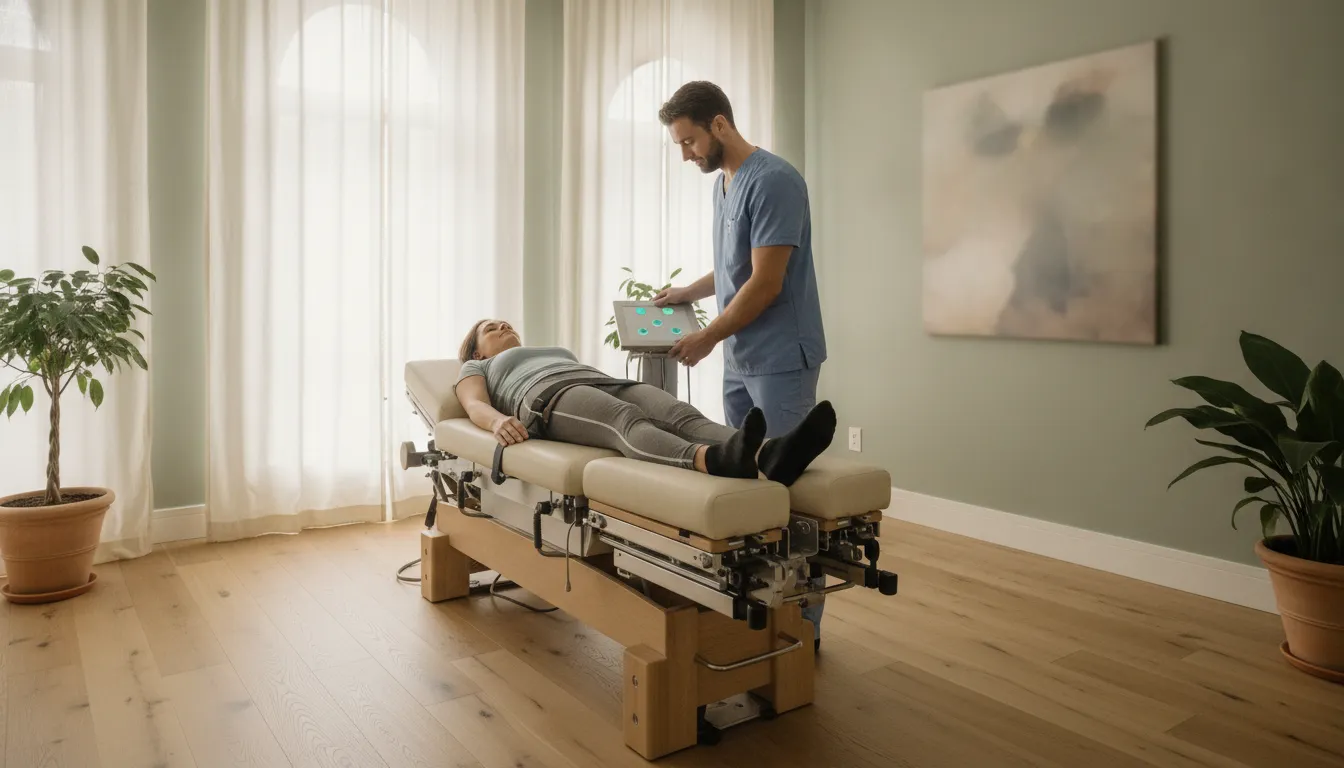 Patient reclining on a spinal decompression treatment table in a bright clinical clinic in Chicago