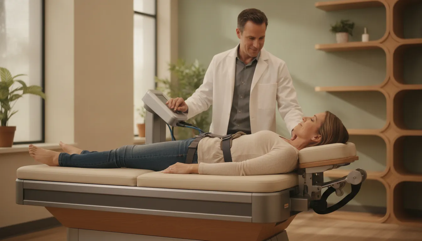 Patient receiving supervised DRX9000 spinal decompression in a Chicago clinic