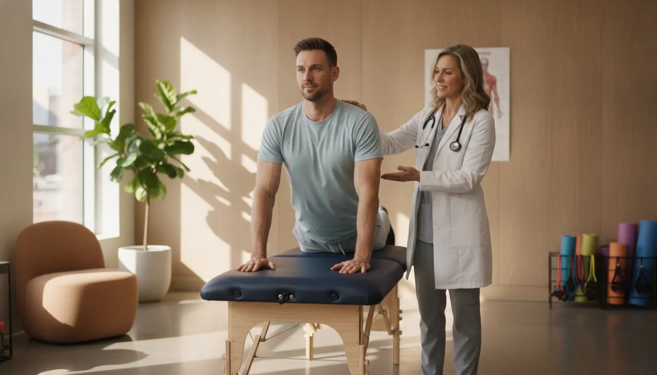 Clinician guiding a Chicago worker through a gentle back recovery exercise after a workplace injury