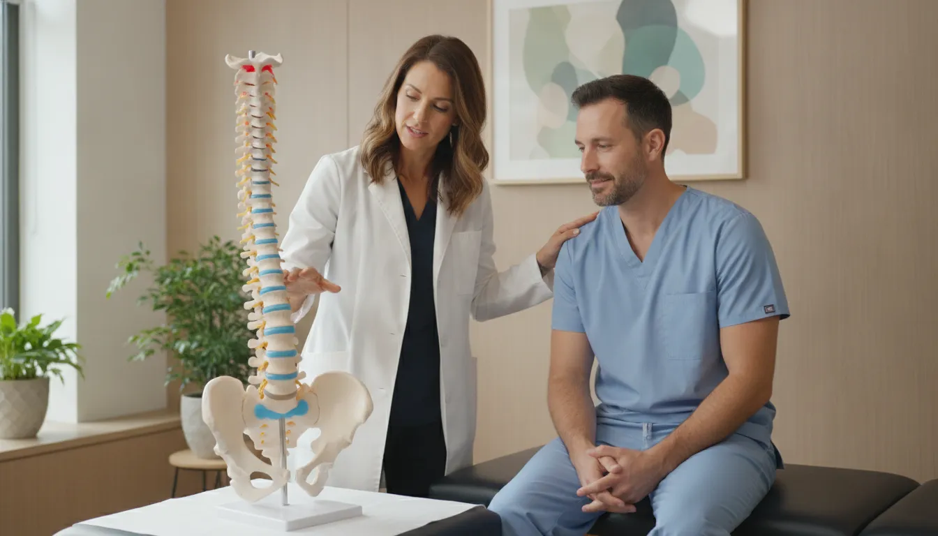 Chiropractic physician explaining spinal disc anatomy to a patient in a clinic exam room at DRX Chicago