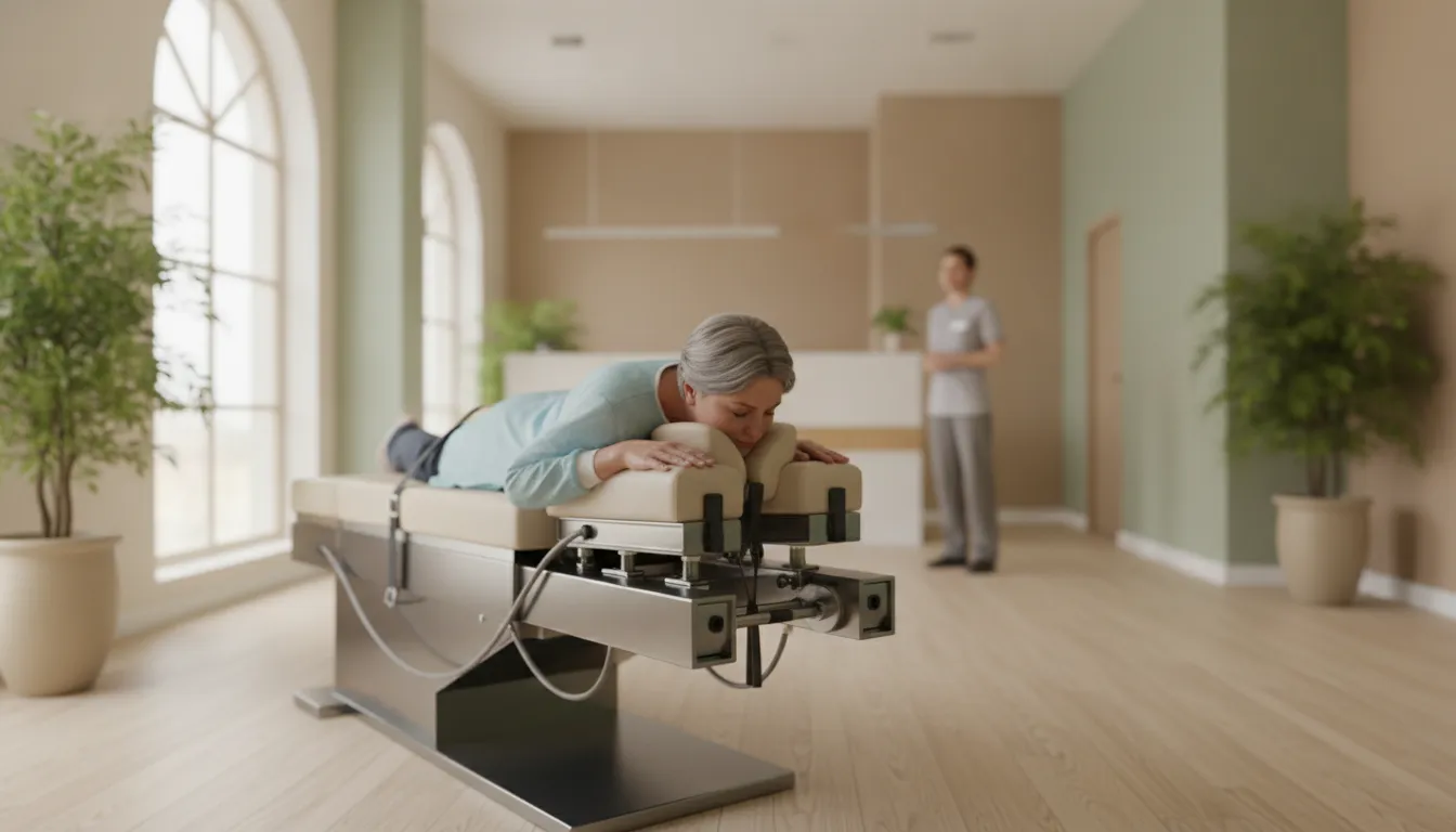 Patient lying on a DRX9000 spinal decompression table during treatment at DRX Chicago