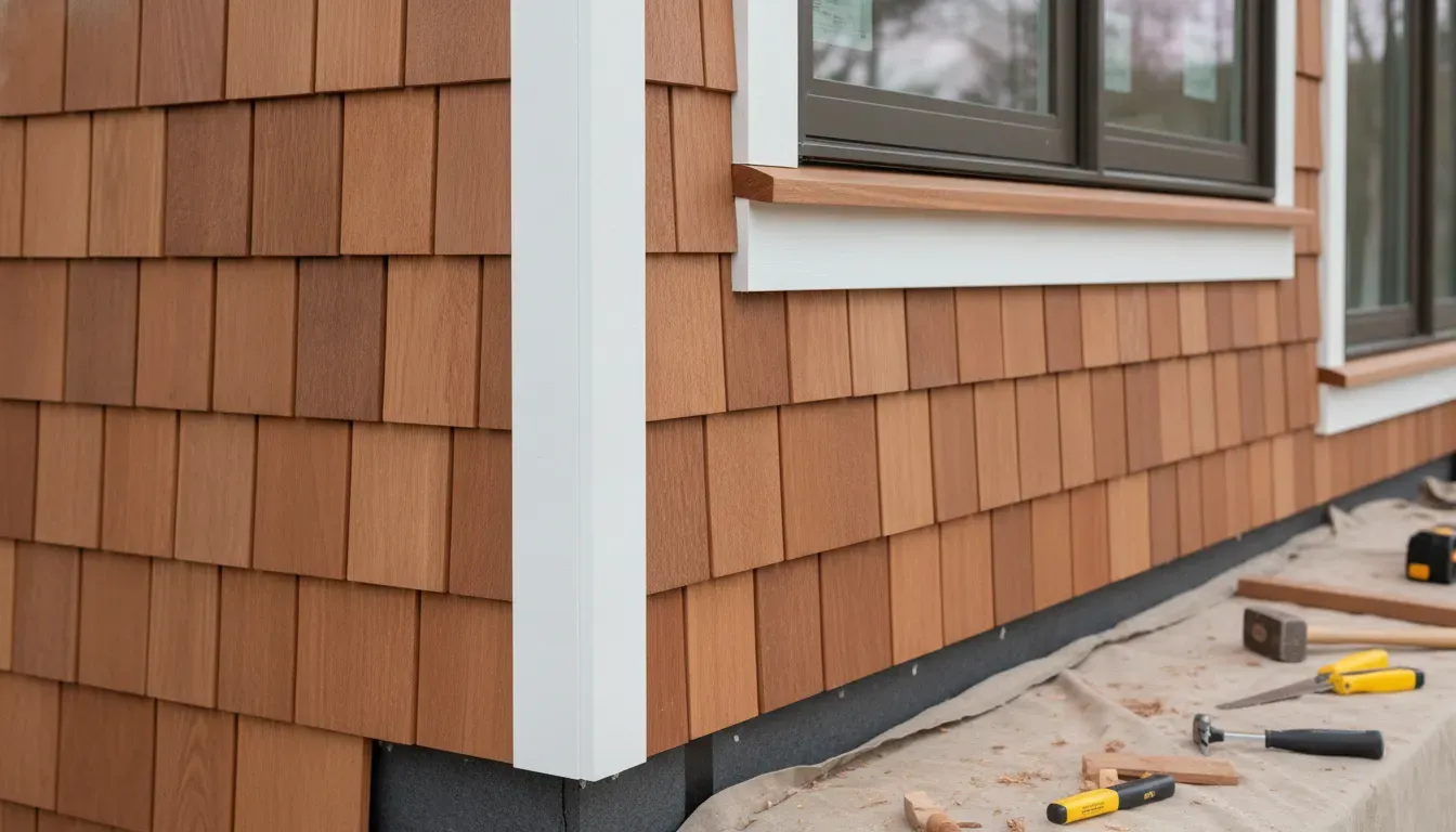 Cedar shingle panel installation at a window corner with clean trim and flashing details