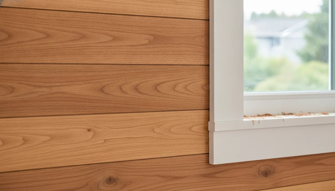 Close-up of straight tongue-and-groove engineered cedar siding at a window corner