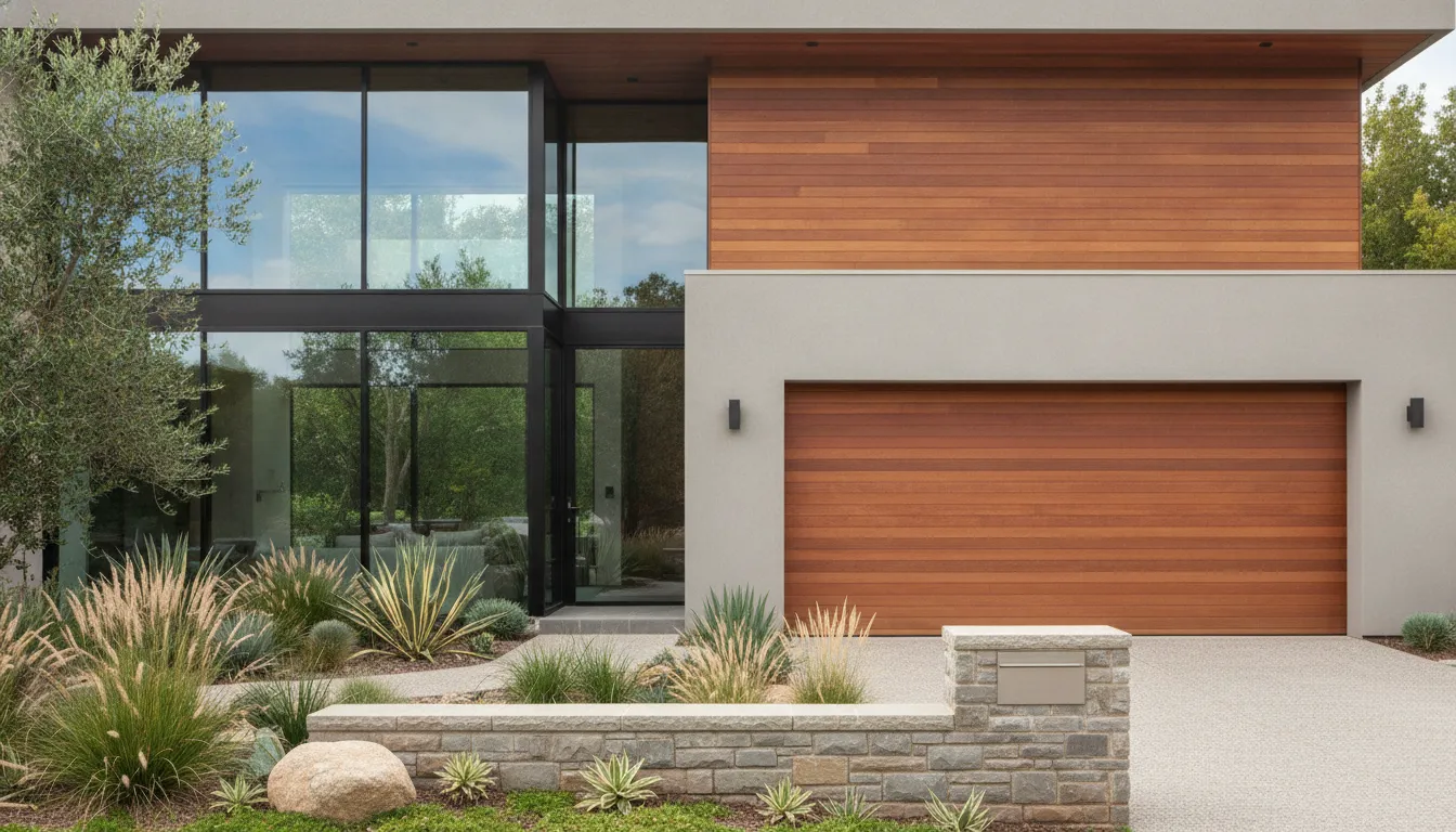 Modern landscape garage door with horizontal panels on a contemporary home