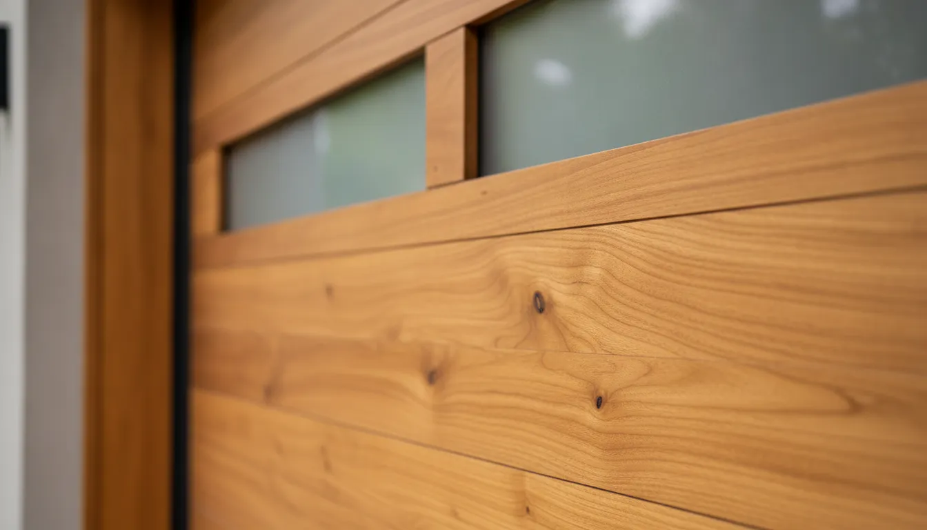 Horizontal wood panels and frosted windows on a modern landscape garage door