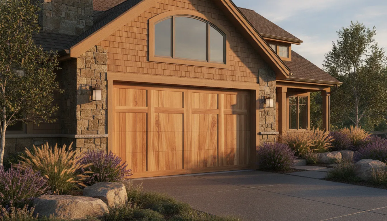 Wood garage door stain options shown on a custom cedar garage door