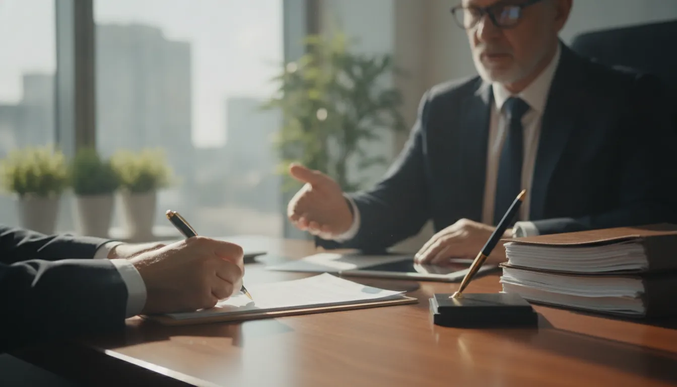 Person consulting with a lawyer and signing legal documents at a law office desk