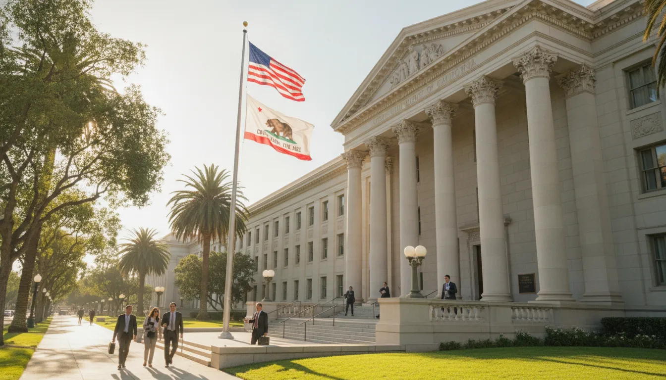 California courthouse exterior with state flag flying in downtown Los Angeles