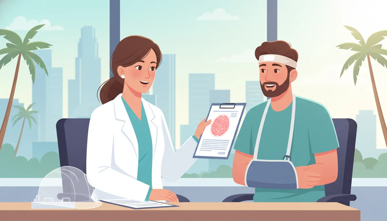 Worker discussing brain injury symptoms and medical documentation with a physician