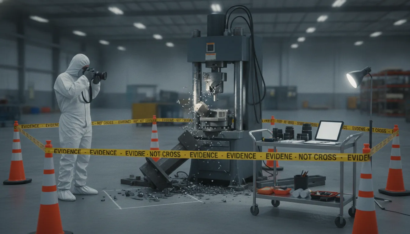 Investigator documenting damaged equipment as evidence after a California workplace injury