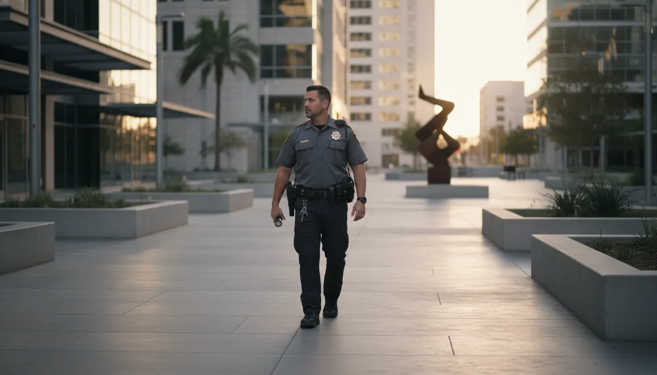 California security guard conducting a workplace safety patrol