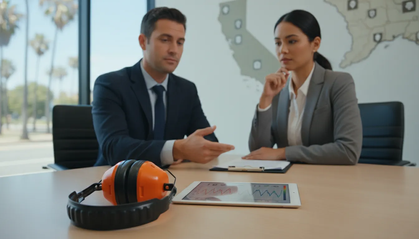 Audiologist discussing hearing protection and treatment benefits with a worker