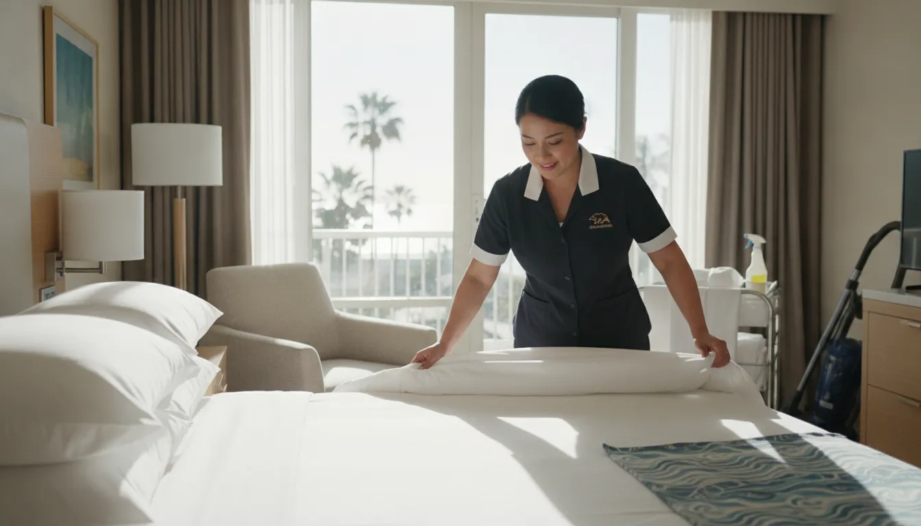 Hotel housekeeper making a bed in a California hotel room, illustrating the physical demands of hospitality work