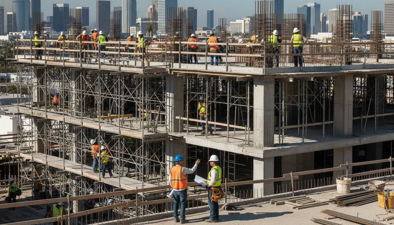 Two construction workers speaking on a California jobsite while wearing hard hats