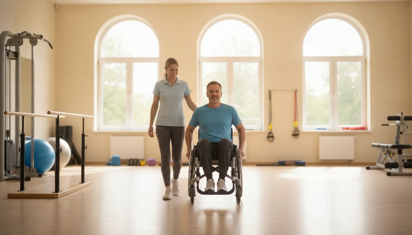 Physical therapist helping a patient in a wheelchair during rehabilitation therapy