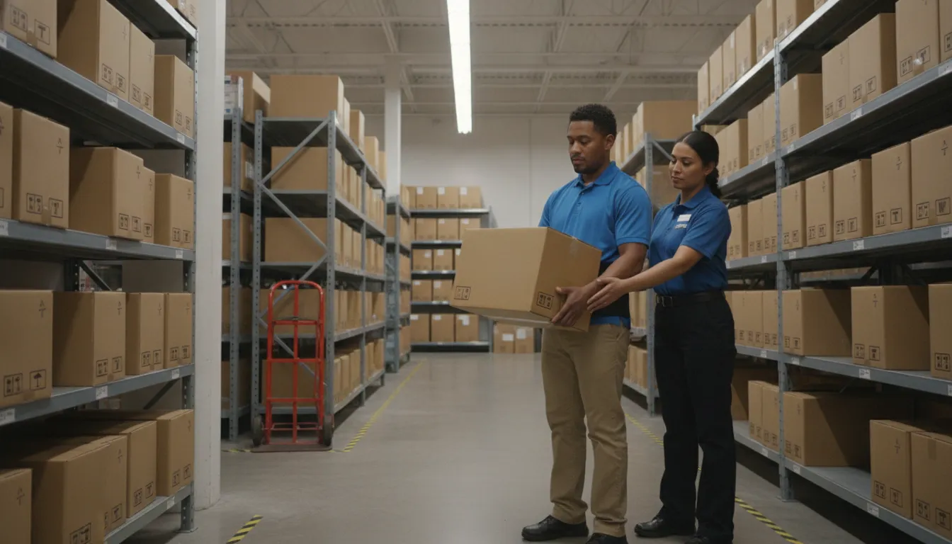 California retail employees using safe lifting practices in a store backroom