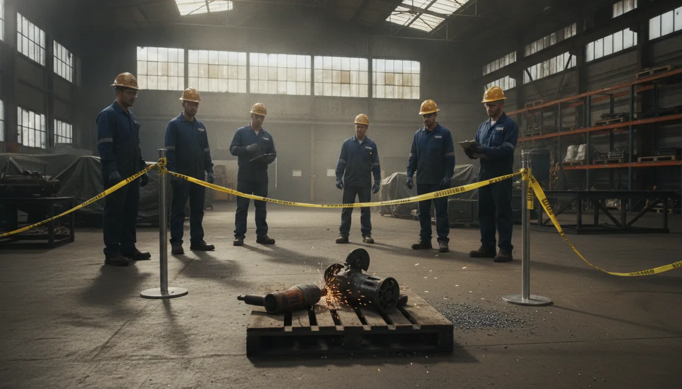 Damaged workplace equipment isolated after an unsafe equipment injury at work California