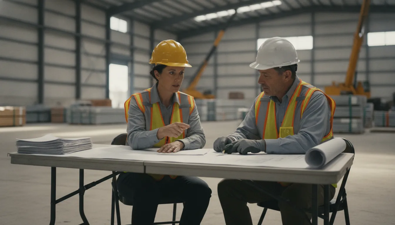 A workplace safety inspector reviewing incident documents at a warehouse site