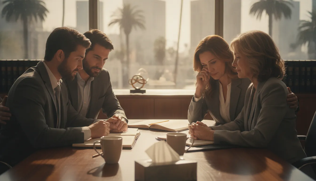 A grieving family meeting with a compassionate attorney in a California law office