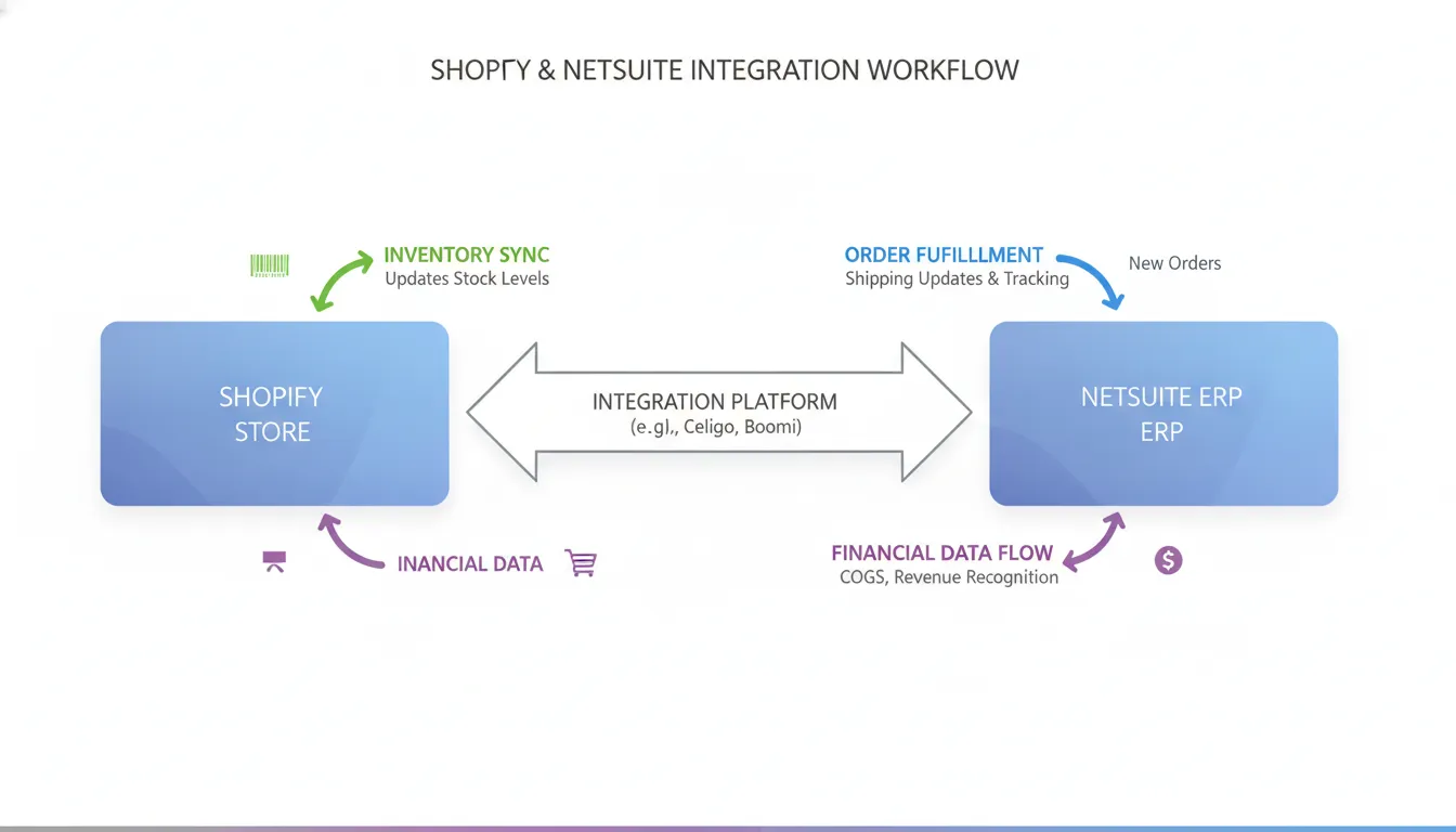 Workflow diagram showing Shopify connected to NetSuite ERP with inventory sync and order fulfillment data flow