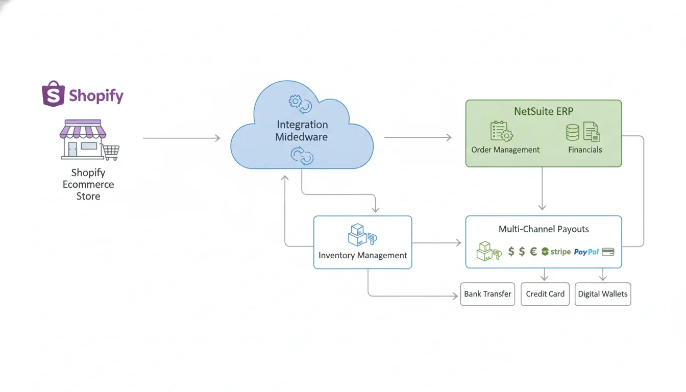 Automated order processing pipeline from Shopify through integration to NetSuite ERP for inventory management
